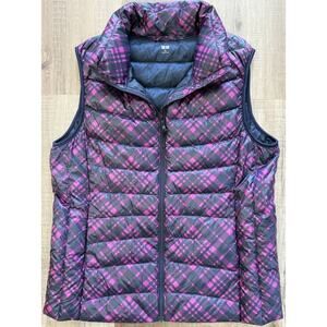 Uniqlo Ultra Light Down Vest Womens XL Pink Navy Plaid Packable Puffer Layering
